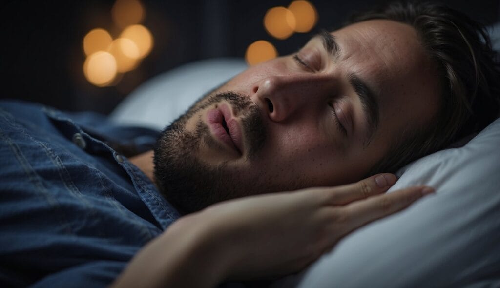 A sleeping figure, mouth open or nostrils flaring, emitting loud snoring sounds