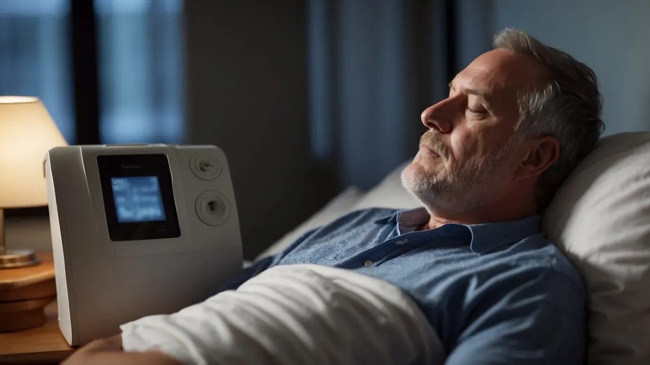 A middle-aged man with a large build sleeps peacefully, while a CPAP machine hums softly nearby, dispelling the myth that sleep apnea only affects older, overweight men