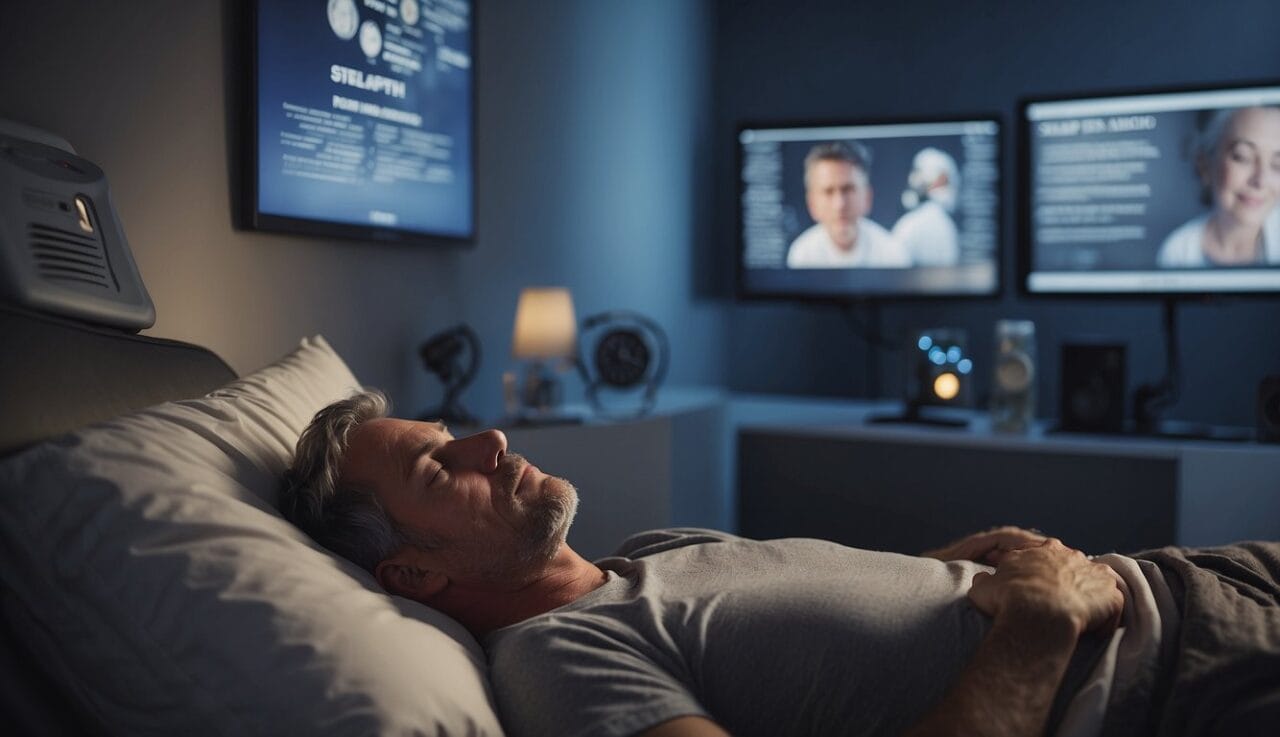 A person sleeping peacefully with a CPAP machine nearby, surrounded by informative posters debunking myths about sleep apnea