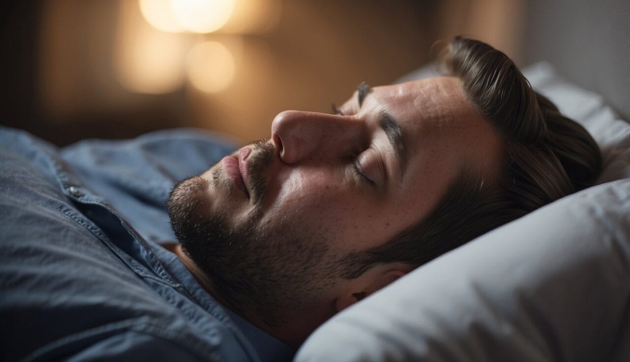 A person sleeping peacefully with a loud snore emanating from their open mouth, while a thought bubble above them dispels common myths about sleep apnea