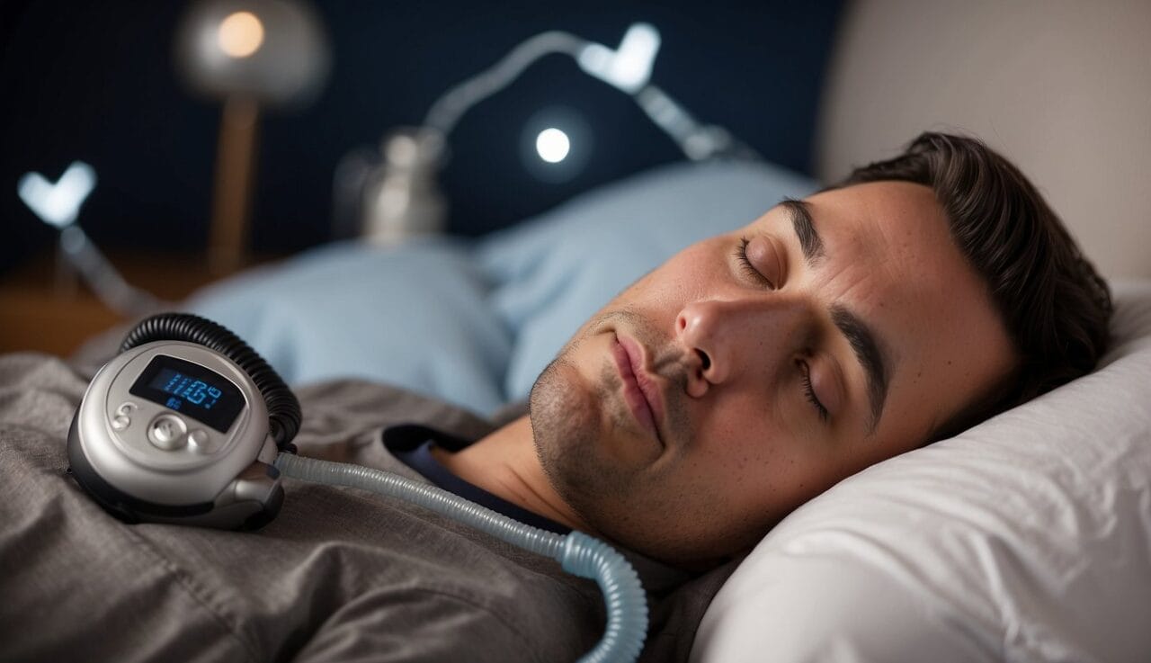 A person sleeping with a CPAP machine next to their bed, with a thought bubble above their head containing the 8 myths about sleep apnea being debunked