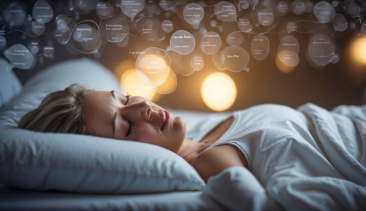 A bed with a sleeping figure, surrounded by thought bubbles of common myths about sleep apnea. A crossed-out list of myths lies nearby