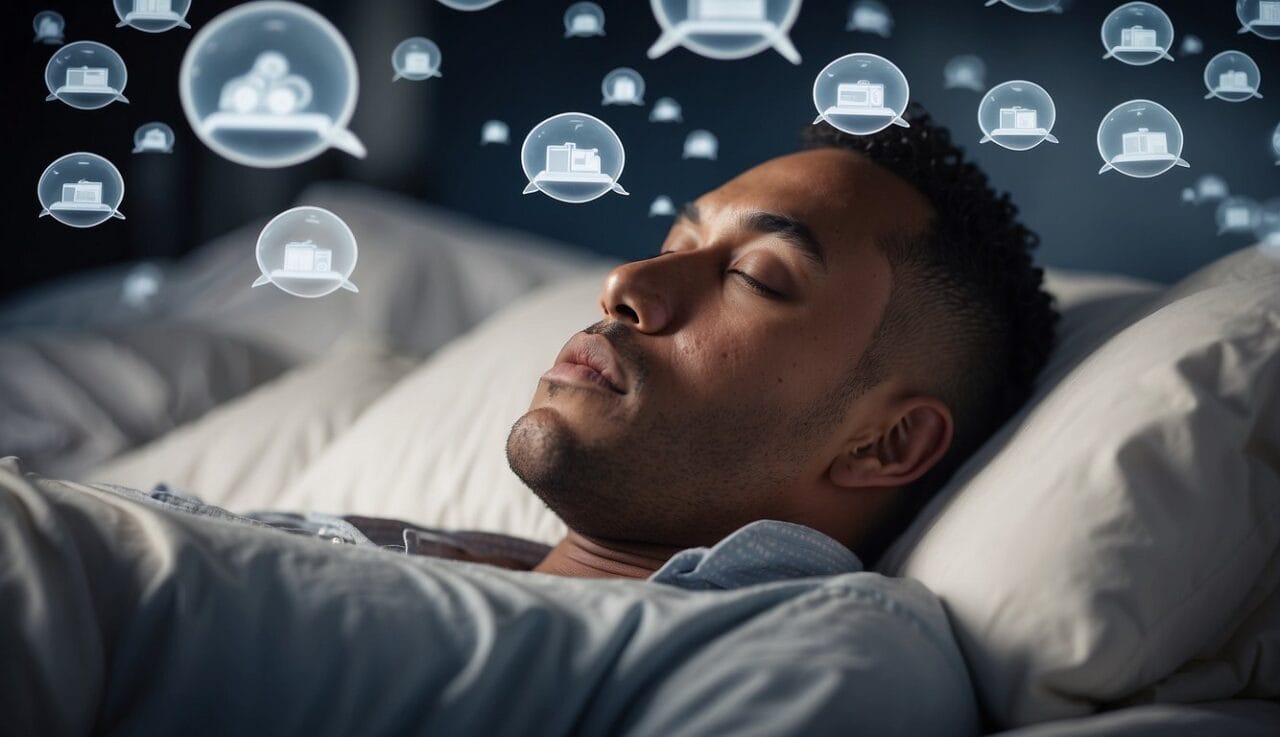 A person lies on their back in bed, surrounded by thought bubbles of common myths about sleep apnea. A CPAP machine sits nearby, ready to dispel the misconceptions