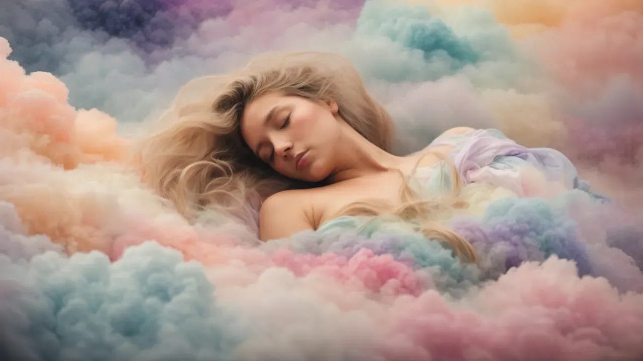 sleeping figure surrounded by swirling clouds of various colors