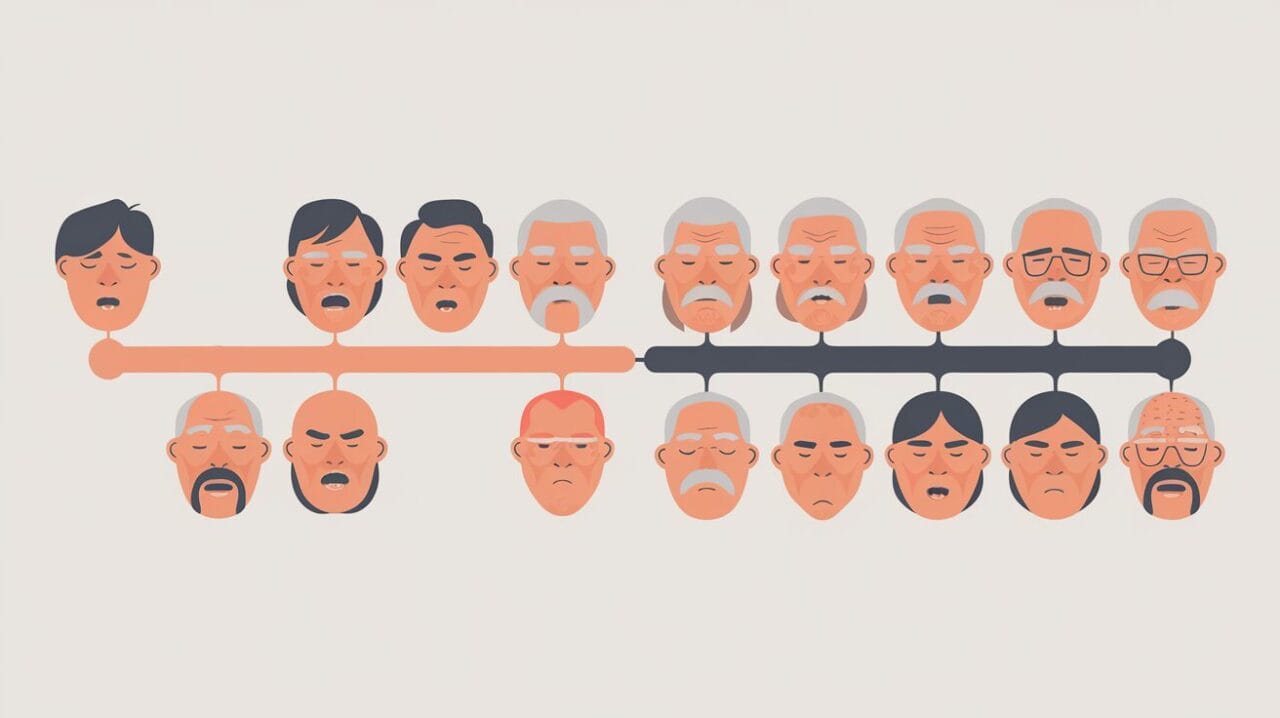 Illustration showing different facial expressions related to snoring across various ages.