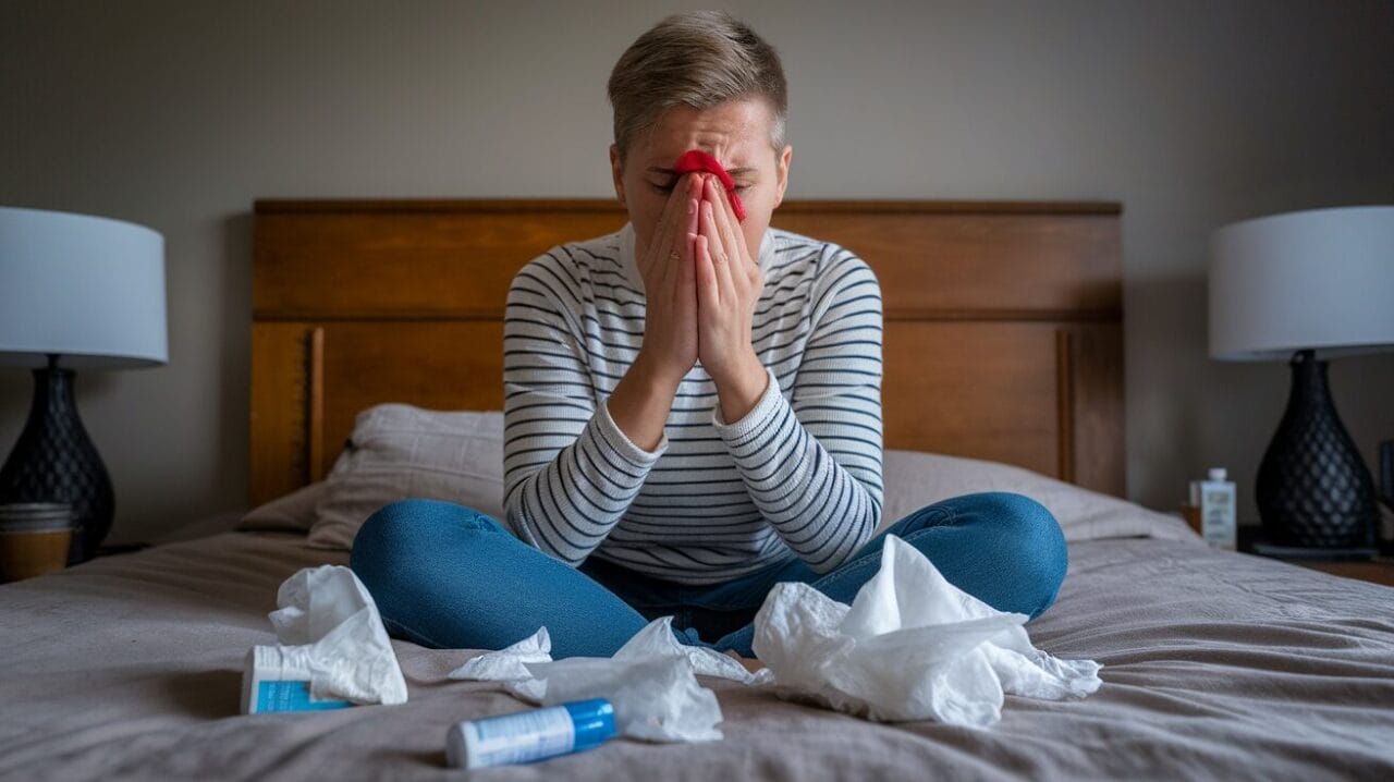 Person sitting on a bed looking distressed with tissues around them, possibly due to allergies.