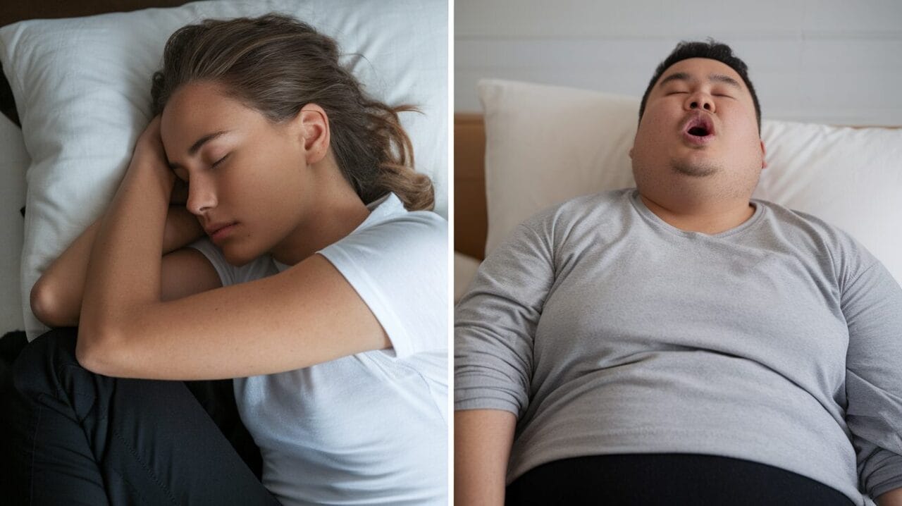 A split image showing a woman sleeping peacefully on one side and a man snoring on the other.