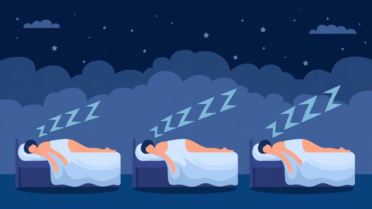 An illustration showing two people sleeping in different positions, with indicators of snoring frequency.